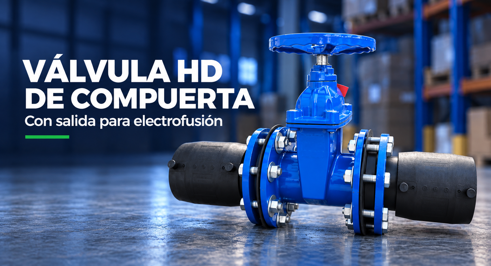 Válvula HD de compuerta Duragua con volante azul y salidas para electrofusión, presentada por Termofusión y Riego Perú SAC.
